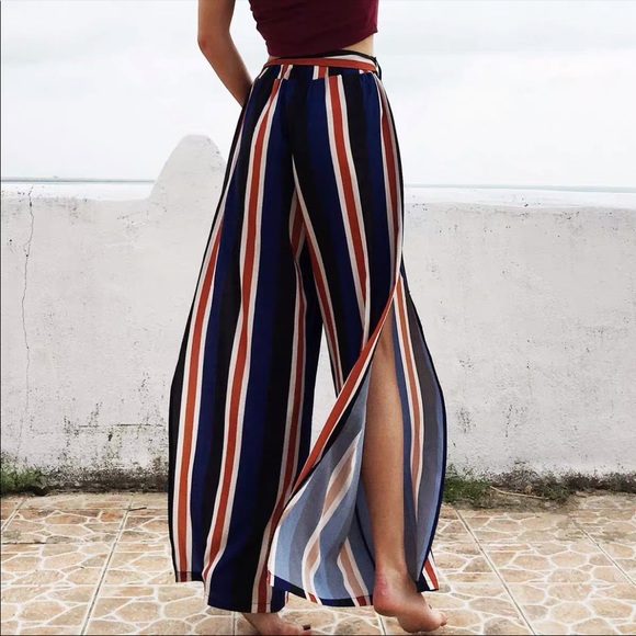 Stripped wide leg pants with belt - Picture 4 of 16